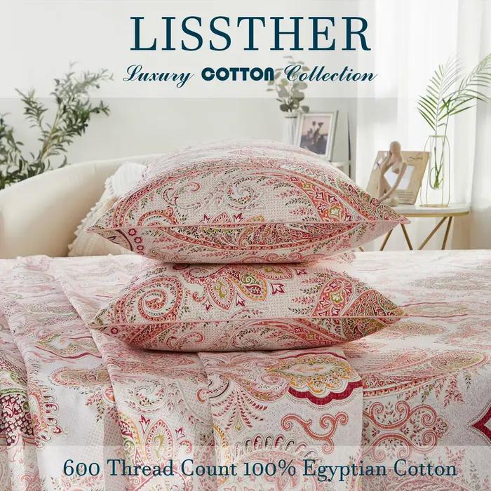 Ensemble de housse de couette 3 pièces 600TC 100% coton égyptien, imprimé Paisley rose Boho, doux et