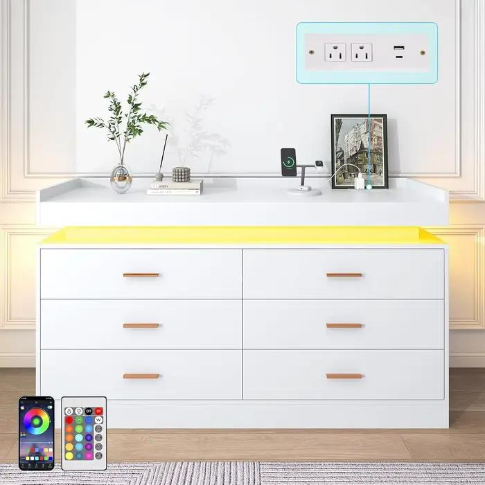 Commode à 6 tiroirs avec station de charge et lumières LED, commode moderne avec prise de courant, a