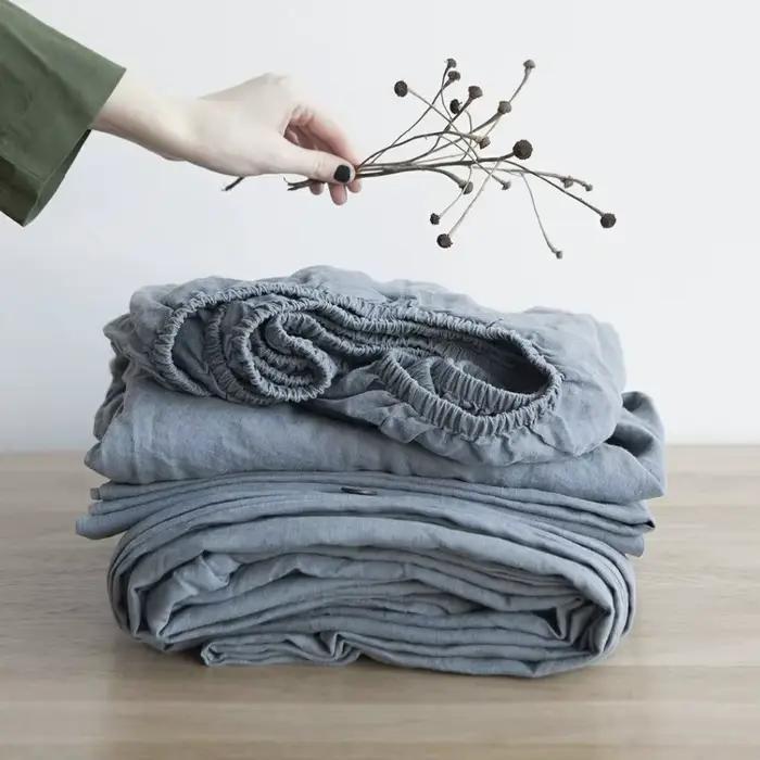Parure de lit 100% lin avec bande élastique, drap-housse, housse de couette, taies d'oreiller, drap