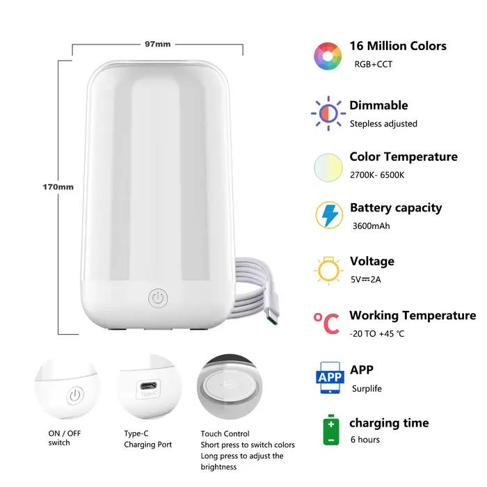 Lampe de Table de chevet tactile intelligente, variable, RGB, Bluetooth, veilleuse LED, Rechargeable