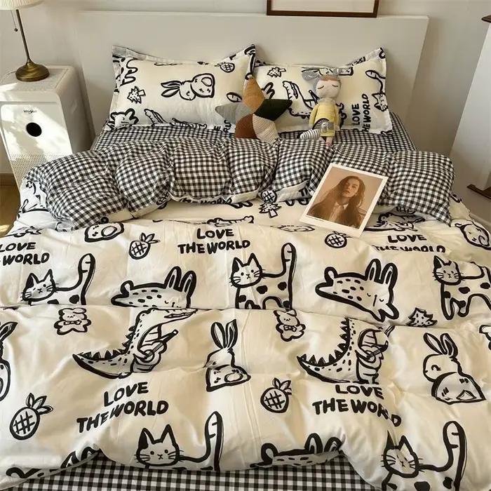 Ensembles de lit européens imprimés à carreaux, ne se décolore pas, en coton lavé Simple, résistant