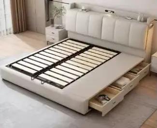 Lit double 200x220cm avec tête de lit lumineuse, cadre de lit et rangement 3 tiroirs, pour chambre p