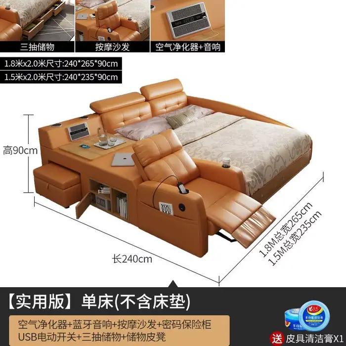 Lit de chambre en cuir avec table de toilette intégrée, masseur électronique, espace de rangement mu