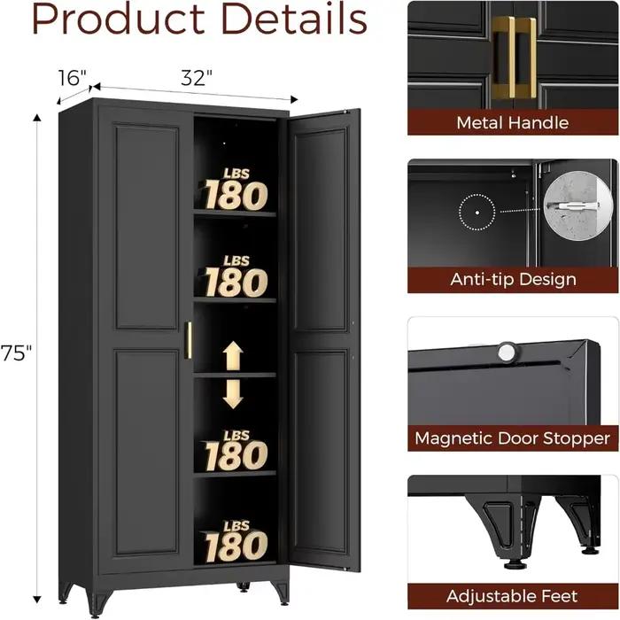 Armoire de garde-manger de cuisine de 75 pouces, armoires de rangement en métal noir avec 2 portes e