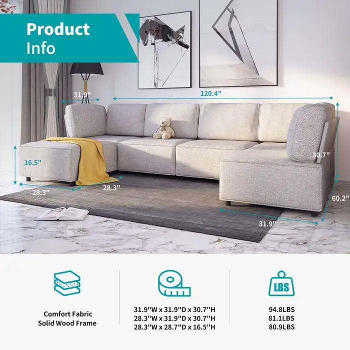HORGgland-Canapé sectionnel modulaire en forme de U, canapé convertible aéré, pouf réversible, 6 pla