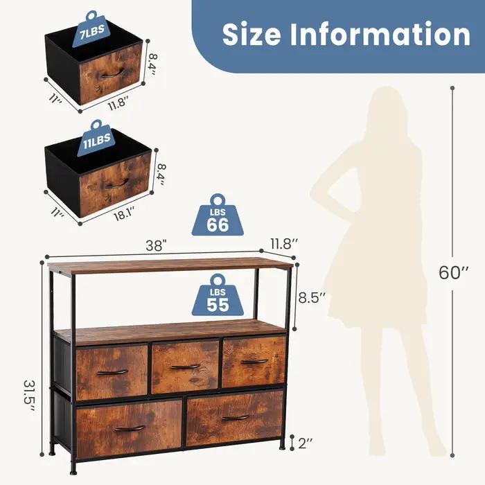 JHK cheminée meuble TV commode pour chambre à coucher avec 5 tiroirs en tissu placard de rangement p