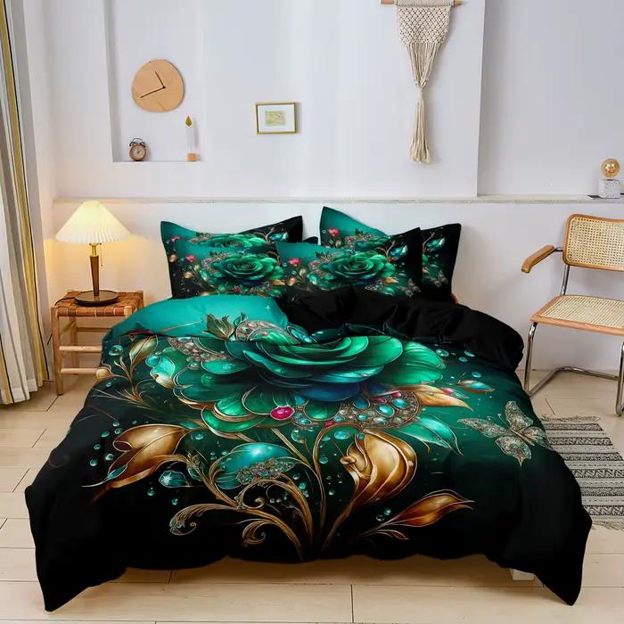 Parure de lit 3 pièces vert émeraude et rose florale dorée-housse de couette de luxe à imprimé flora