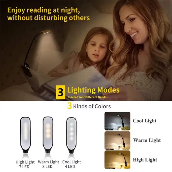 Lampe de lecture Rechargeable Mini 7 LED, 3 niveaux, blanc chaud et froid, Flexible, facile à clipse