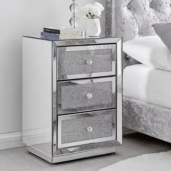 -Mode de luxe moderne diamant concassé miroir 3 tiroirs rangement Table de chevet côté lit Table de