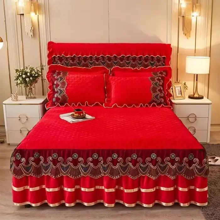 Jupe de lit matelassée en velours épais de luxe, couvre-lit chaud et doux en peluche, drap de lit br