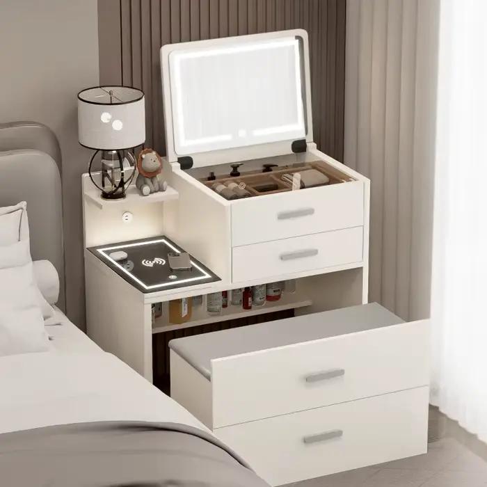 Coiffeuse moderne blanche de style français avec miroir, siège et tiroirs, en bois, de luxe, avec ra