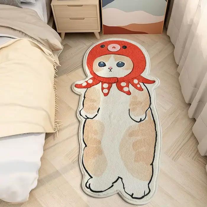 Tapis de chevet antidérapant pour chambre à coucher, joli chat, doux, pour la maison, dessin animé m