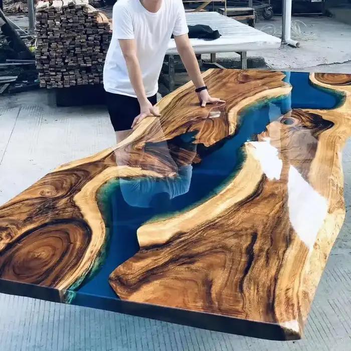 Table en résine époxy transparente Qinghe, design de luxe, bois massif, noyer, le plus populaire