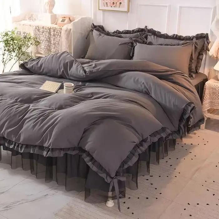 Ensembles de literie princesse noirs de luxe pour filles, jupe de lit Kawaii, drap, taie d'oreiller,
