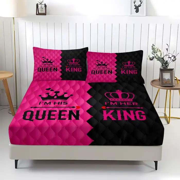 Parure de lit King and Queen « Je suis sa reine, il est son roi » – 1 drap-housse + 2 taies d'oreill