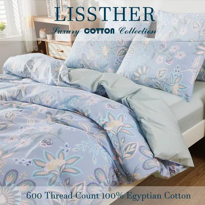 Ensemble de housse de couette 3 pièces 600TC 100% coton égyptien, luxe Boho Paisley Floral, doux pou