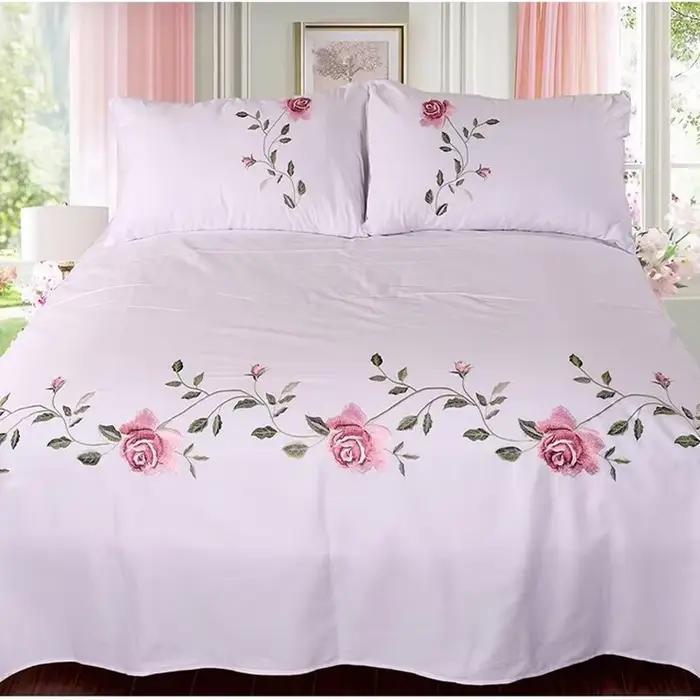 WASART Rose flore broderie design drap plat couleur unie coton sergé lin literie luxe maison textile