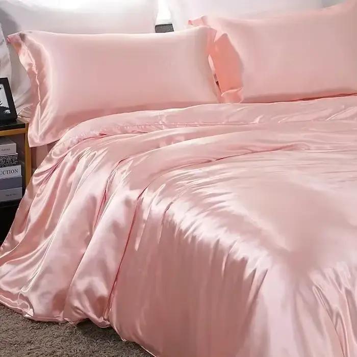 Parure de lit en satin de luxe avec taie d'oreiller, ensemble de literie confortable, couvre-lit, dr