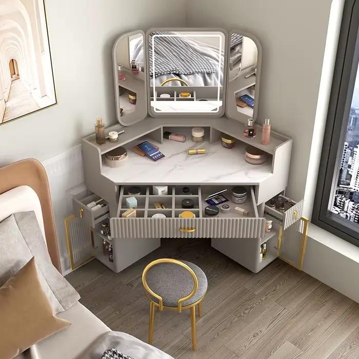 Tables de maquillage de luxe en bois massif, coin de table en élasthanne, rangement triangulaire mod