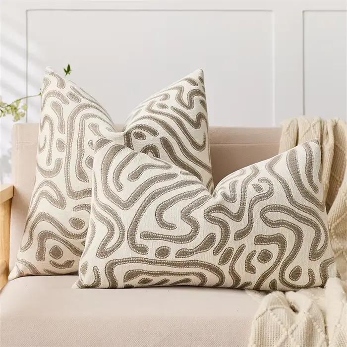 Housse de coussin décorative en chenille de luxe, motif géométrique abstrait labyrinthe, 45x45cm, po