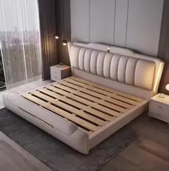 Lit Queen Size Unique rembourré, style nordique, salon de couchage, tables de nuit, cadre, accessoir