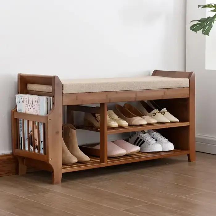 Banc de rangement pour chaussures T1 avec siège à coussin double couche, tabouret à chaussures, hôte