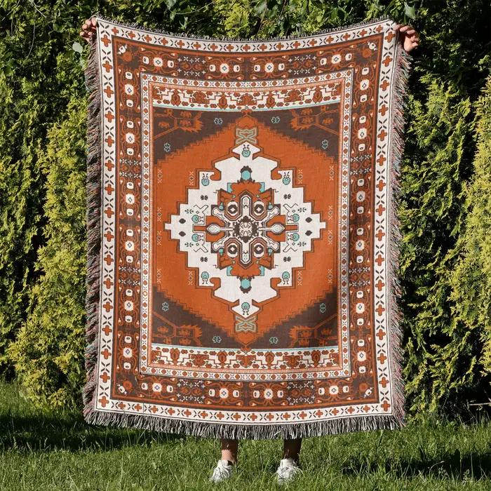 Couvertures en lin tribal à carreaux avec pompon, tapis d'extérieur, couverture de pique-nique de ca