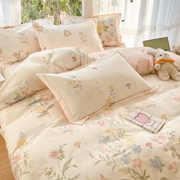 Parure de lit 100 % coton, housse de couette luxueuse à motif floral naturel, taie d'oreiller en pur