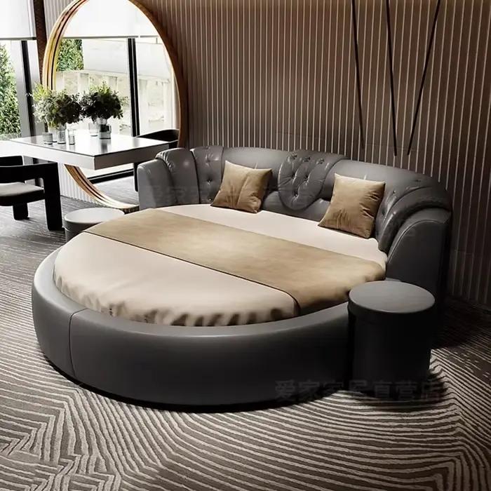 Grand Lit Double Rond de Style Européen Moderne et Minimaliste, Mobilier de Luxe pour Chambre à Couc
