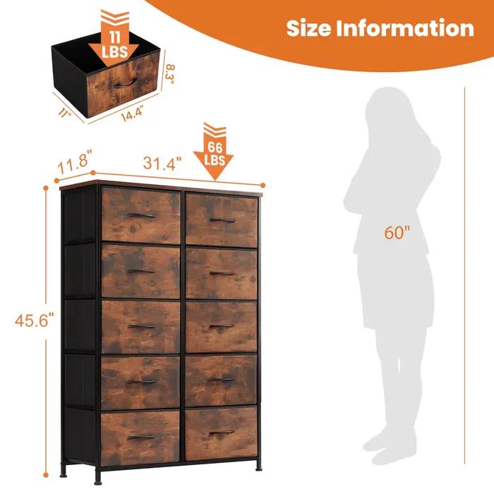 JHK Table de chevet pour chambre à coucher avec 10 tiroirs en tissu armoire cadre en acier placard p