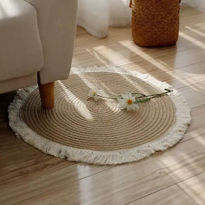 Tapis rond en rotin de jute tissé à la main avec pompon, tapis vintage pour chambre à coucher, salon