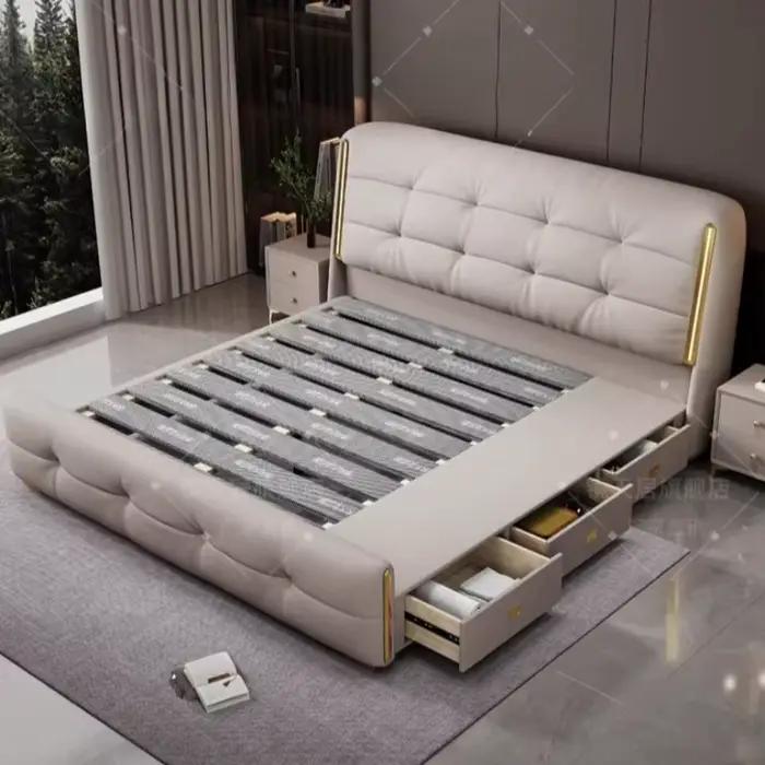 Lit minimaliste rembourré avec rangement, tête de lit double, lit de luxe, tables de chevet uniques,