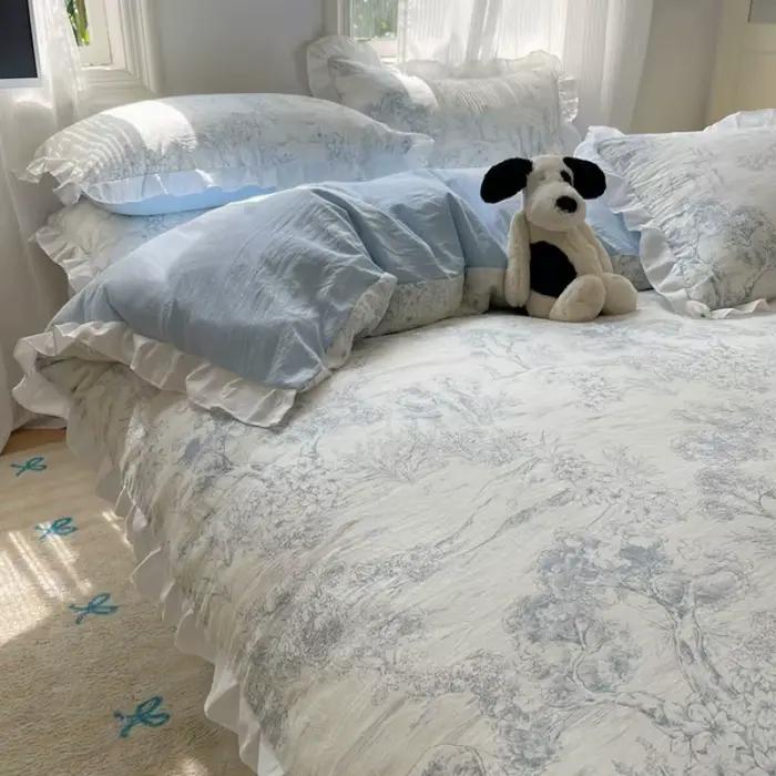 Ensemble de housse de couette à volants floraux bleus, housse de couette en feuilles de fleurs Queen