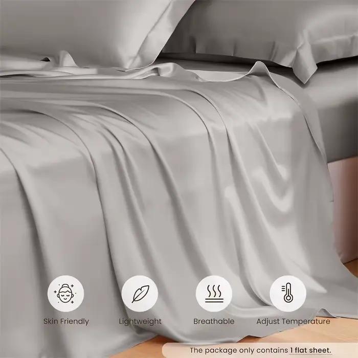 Drap plat en soie de mûrier naturelle 1 pièce, couleur unie, drap de lit haut de gamme, linge de lit