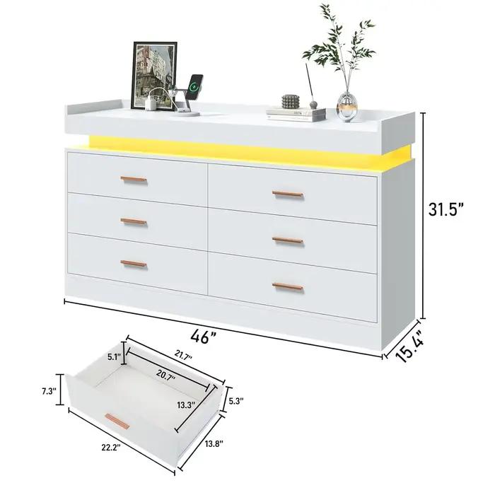 Commode à 6 tiroirs avec station de charge et lumières LED, commode moderne avec prise de courant, a
