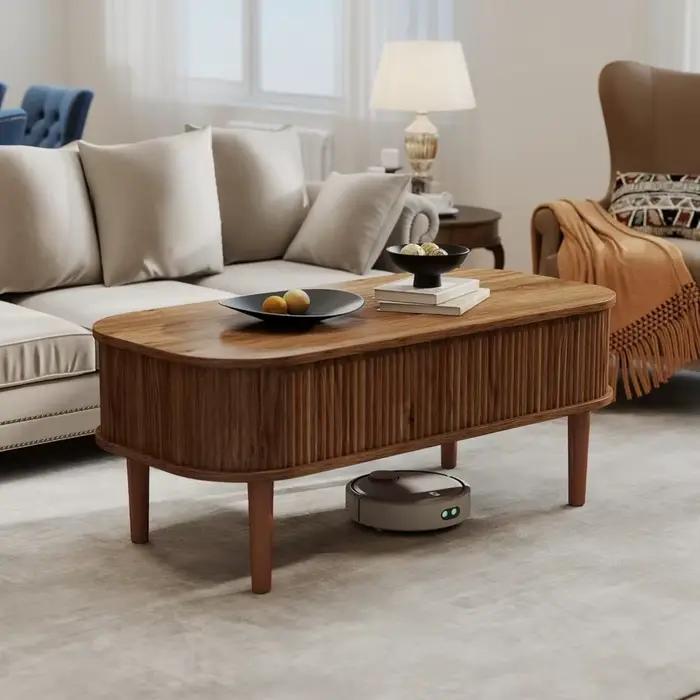 Table basse relevable cannelée avec rangement dissimulé, table basse ovale avec plateau relevable, d