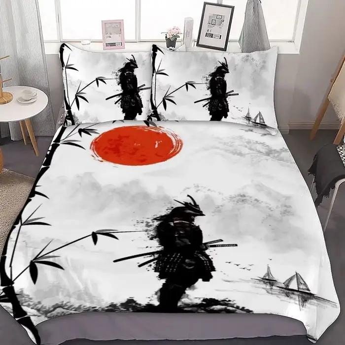 Parure de lit samouraï japonais King/Queen/pleine taille japon coucher de soleil paysage bâtiment Si