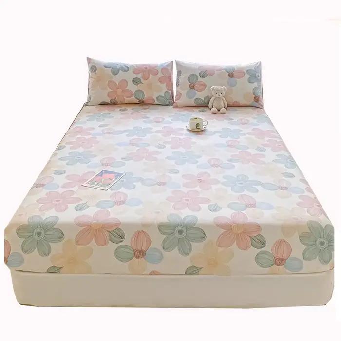 Ensembles de draps de lit élastiques 100% coton, drap-housse à fleurs + taies d'oreiller 2 pièces, c