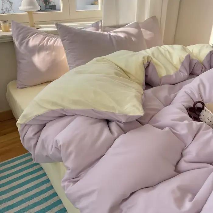 Parure de lit en coton 4 pièces avec drap plat, housse de couette et taies d'oreiller – Tailles simp