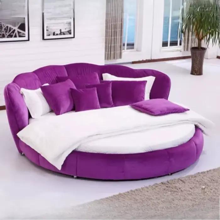 Lit double européen moderne pour adultes, lit rond italien de taille Queen, en tissu, meubles de lux