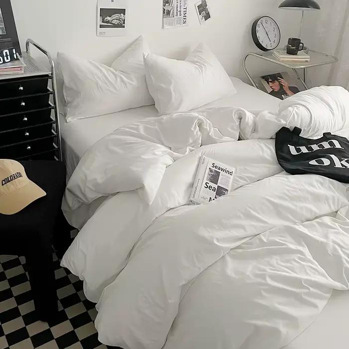 Parure de lit en coton lavé 4 pièces, ensemble de draps de couleur unie, housse de couette pour lit