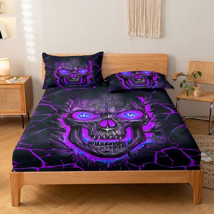 Ensemble de housse de literie à motif de crâne violet clair, drap-housse, doux et confortable, décor