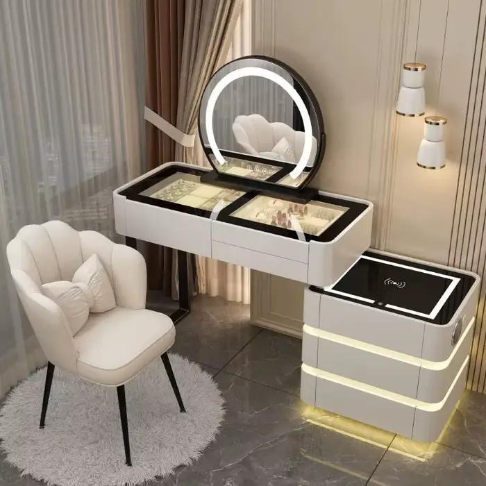 Coiffeuse moderne éclairée et extensible pour chambre à coucher avec miroir LED à 3 couleurs, table