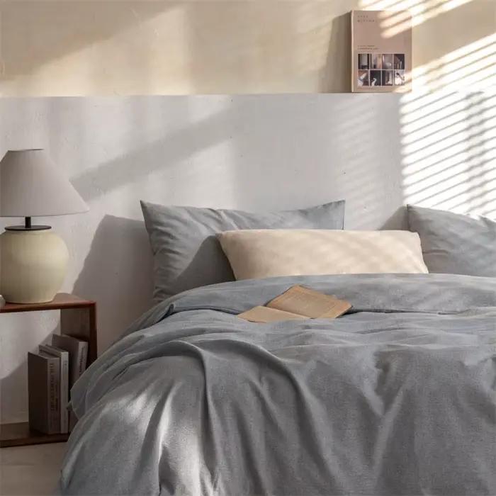 Parure de lit en coton et lin avec housse de couette, drap plat, taies d'oreiller – Ensemble de drap