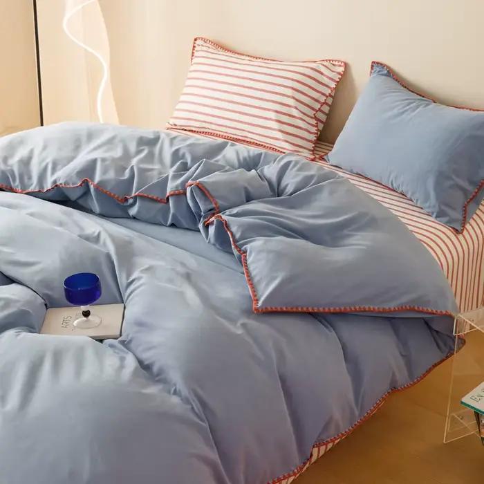 Parure de lit rayée à fleurs pour filles, linge de lit en coton lavé, housse de couette douce, ensem