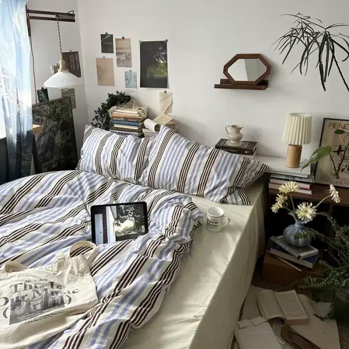 Linge de lit 100% coton housse de couette rayure Queen Size 40s housse de couette taie d'oreiller ho