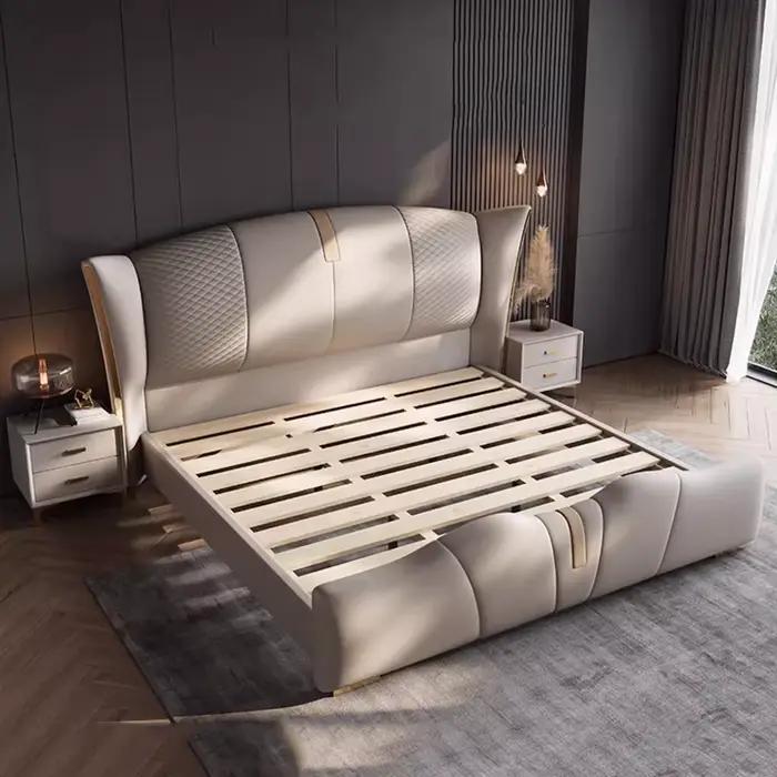 Lit de luxe rembourré 200x220cm avec cadre, support de pieds en métal minimaliste, tête de lit, mobi