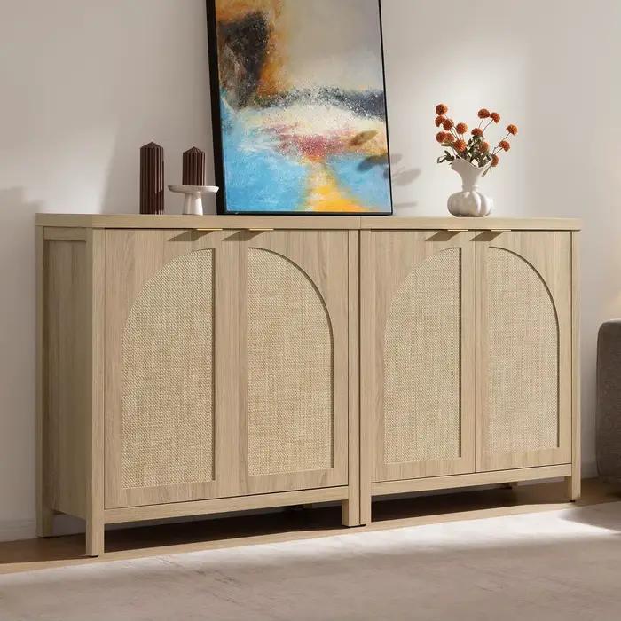 Buffet en rotin de 68 pouces de large avec rangement, lot de 2, credenza moderne du milieu du siècle