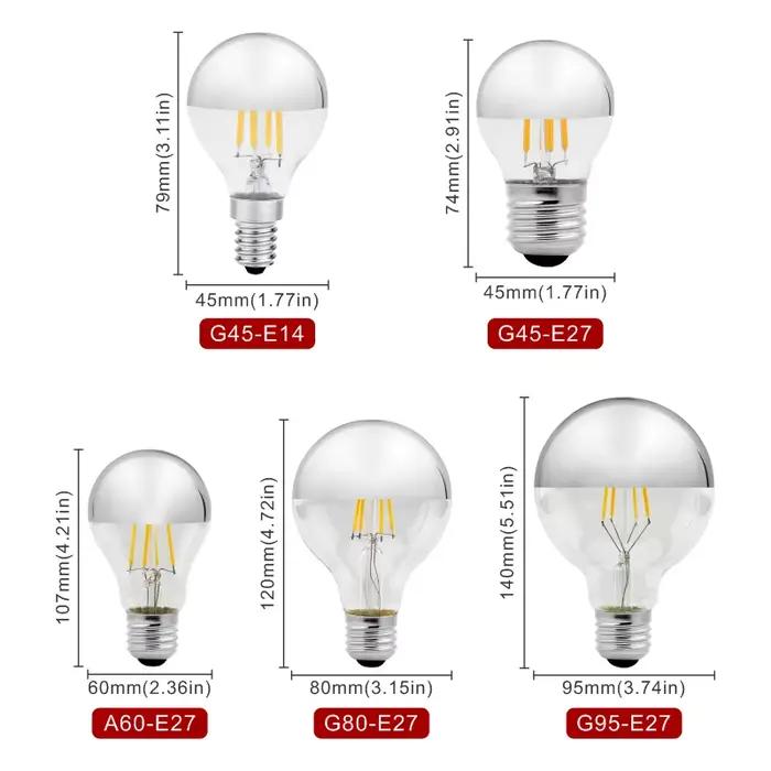 Miroir argent rétro Edison ampoule LED E14 E27 4W G45 A60 ST64 G80 G95 Vintage Filament Lampada lamp