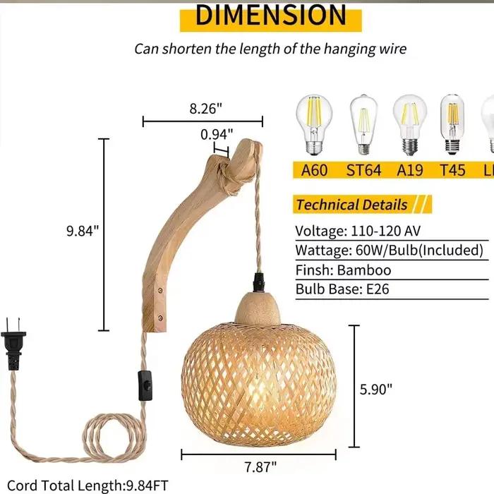 Led rotin applique chambre salon tissé lumière lampes de chevet E27 rétro chanvre corde lumières déc